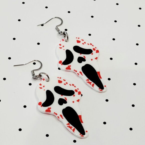 White Bloody Ghostface Mask Scary Movie Earrings Stainless Steel Hooks Horror - Picture 2 of 4